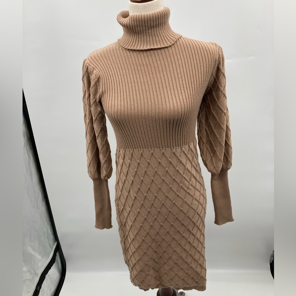 Fashionemoji Women’s Brown Knited Long Sleeve Turtle Neck Sweater Dress
